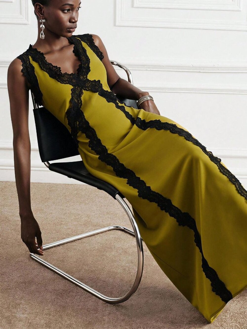 Mustard Yellow Elegant Women's Contrast Lace A-Line Maxi Dress - Picture 6 of 6